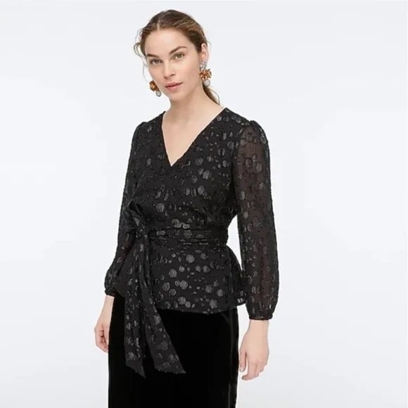 J.Crew Tie Waist V Neck Blouse Top Metallic Polka Dot Jacquard Size Small Black - Picture 2 of 9